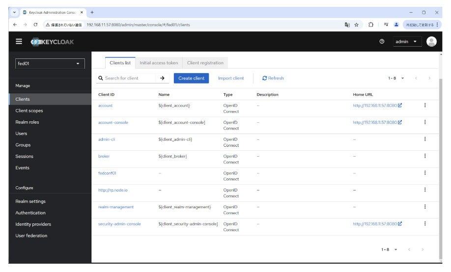 Screenshot showing clients page on Keycloak